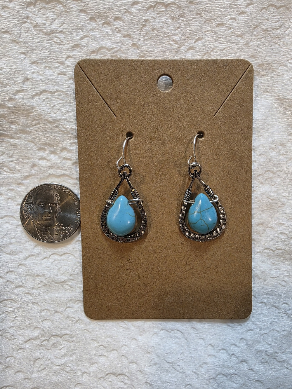 Turquoise Teardrop Dangle Earrings - Blue Stone and Silver Tone